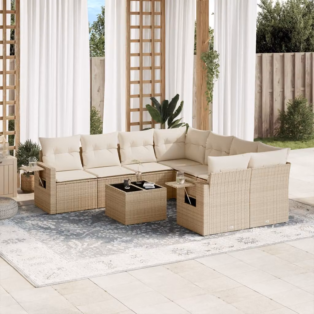 vidaXL Set Divano da Giardino a L 9 pz in Polyrattan con Cuscini Beige e Tavolino da Esterno – 1