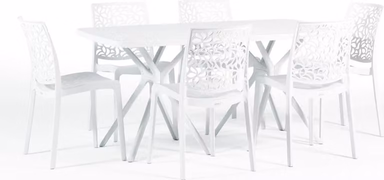 Set da pranzo per esterni con tavolo rettangolare 158x84 cm e 6 sedie impilabili in resina rinforzata con fibra di vetro - design moderno e colorato, ideale per giardino, terrazza e veranda - OLIVER+ANNA - Bianco/Bianco