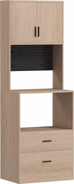 HOMCOM Mobile microonde con 2 cassetti, 2 ante, pannello forato e ganci, Legno naturale   Aosom Italy