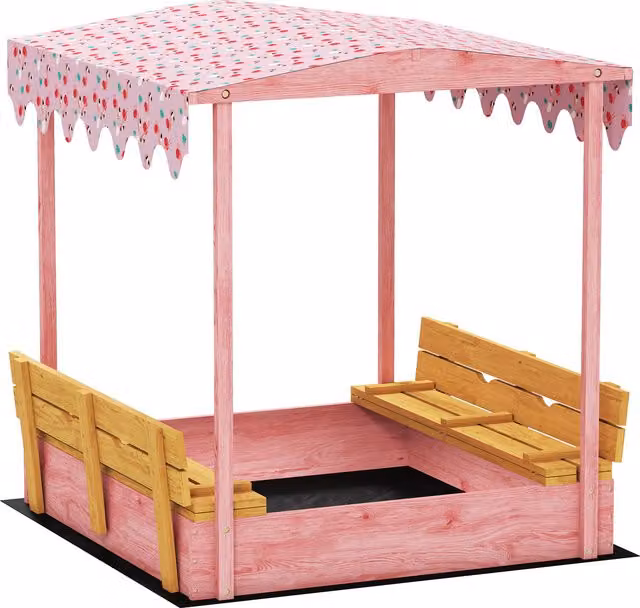 AIYAPLAY Sabbiera per Bambini in Legno di Abete con Tettuccio e Sedute Pieghevoli, Design Fenicotteri, Rosa, L: 134.5 cm, P: 127.5 cm, H: 130 cm
