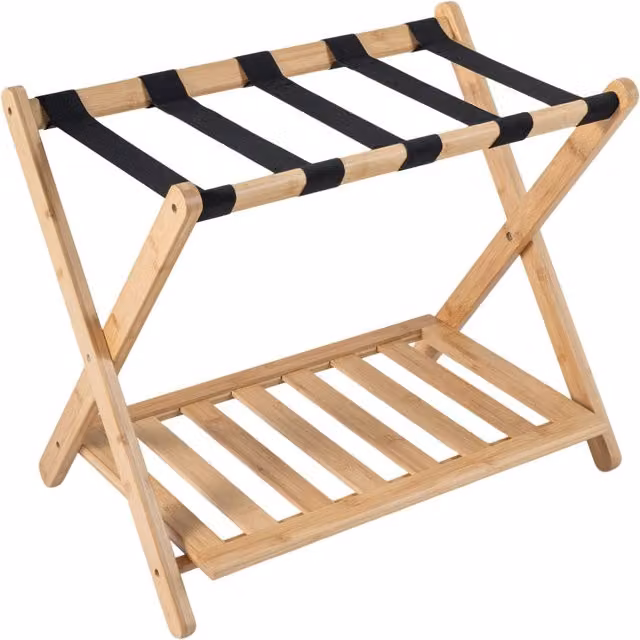 Set di 2 portavaligie pieghevoli in bambù con scarpiera e 5 cinghie, colore marrone naturale
