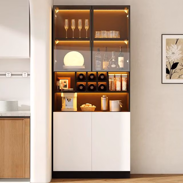 Vetrina con LED multicolore, 2 ante e vano aperto portabottiglie per soggiorno e sala da pranzo, 80 × 30 × 180 cm