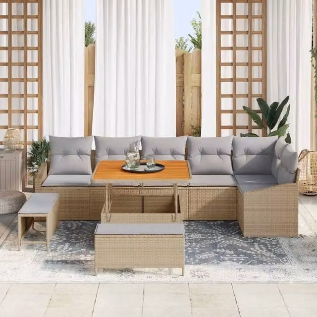 vidaXL Set Divano da Giardino a L con 9 Pezzi Beige e Struttura in Acciaio e Legno di Acacia – 1