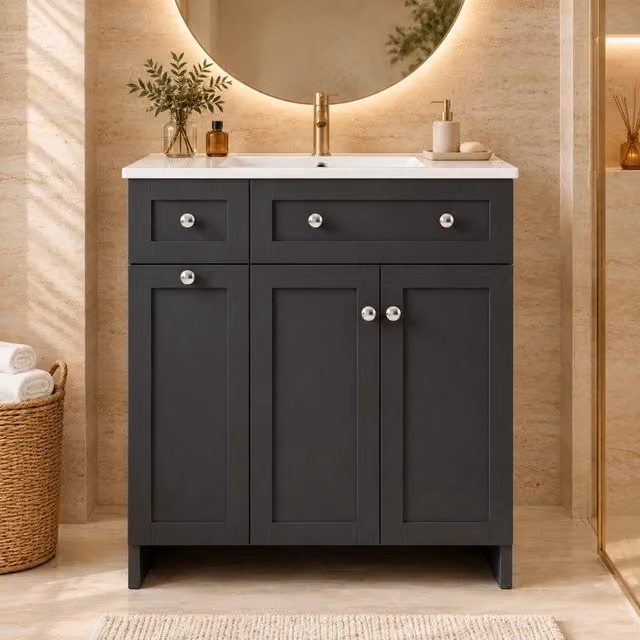 Mobile lavabo bagno 76x47x86 cm nero in MDF con lavabo in ceramica e 3 cassetti