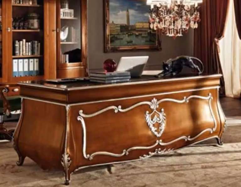 Casa Padrino - Scrivania barocca marrone/argento - Nobile scrivania in legno massello - Mobili da ufficio barocchi - Qualità eccellente - Italy