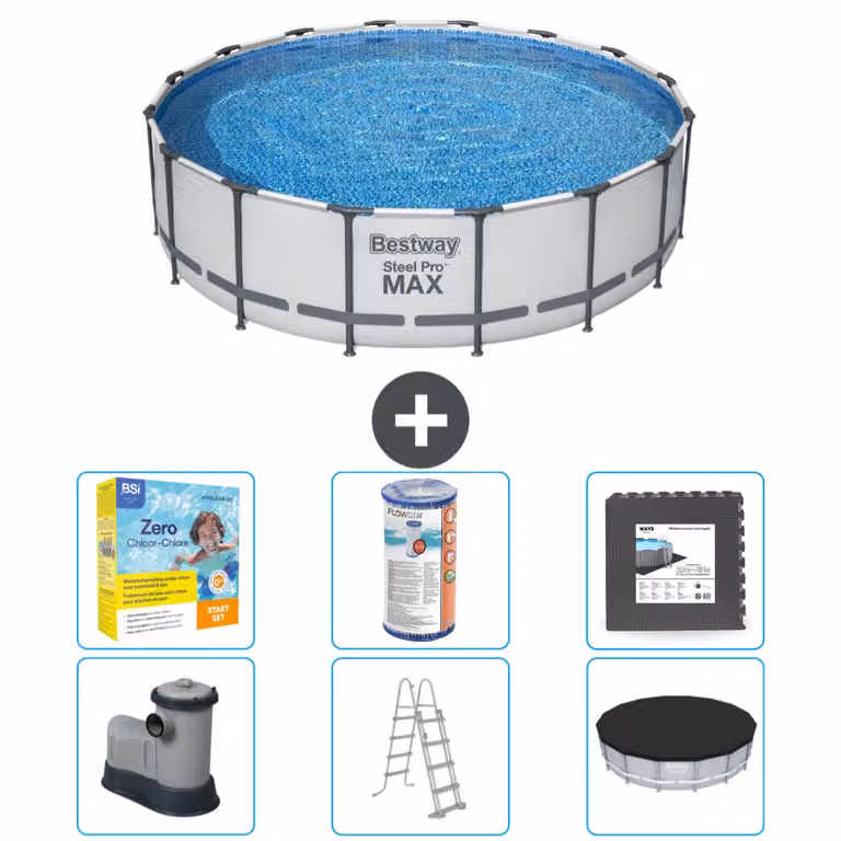 Piscina Bestway Round Steel Pro MAX - 488 x 122 cm - grigio - inclusa pompa - scala - pacchetto manutenzione copertura - filtro - piastrelle per il pavimento