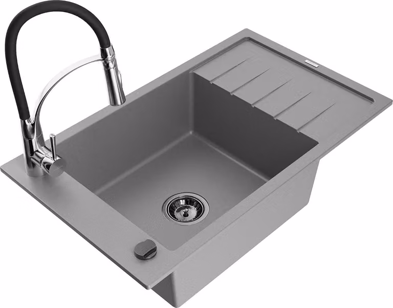 Mexen Elias lavello in granito a 1 vasca con scolapiatti e rubinetto da cucina Aster, grigio - 6511-71-73450-07-B