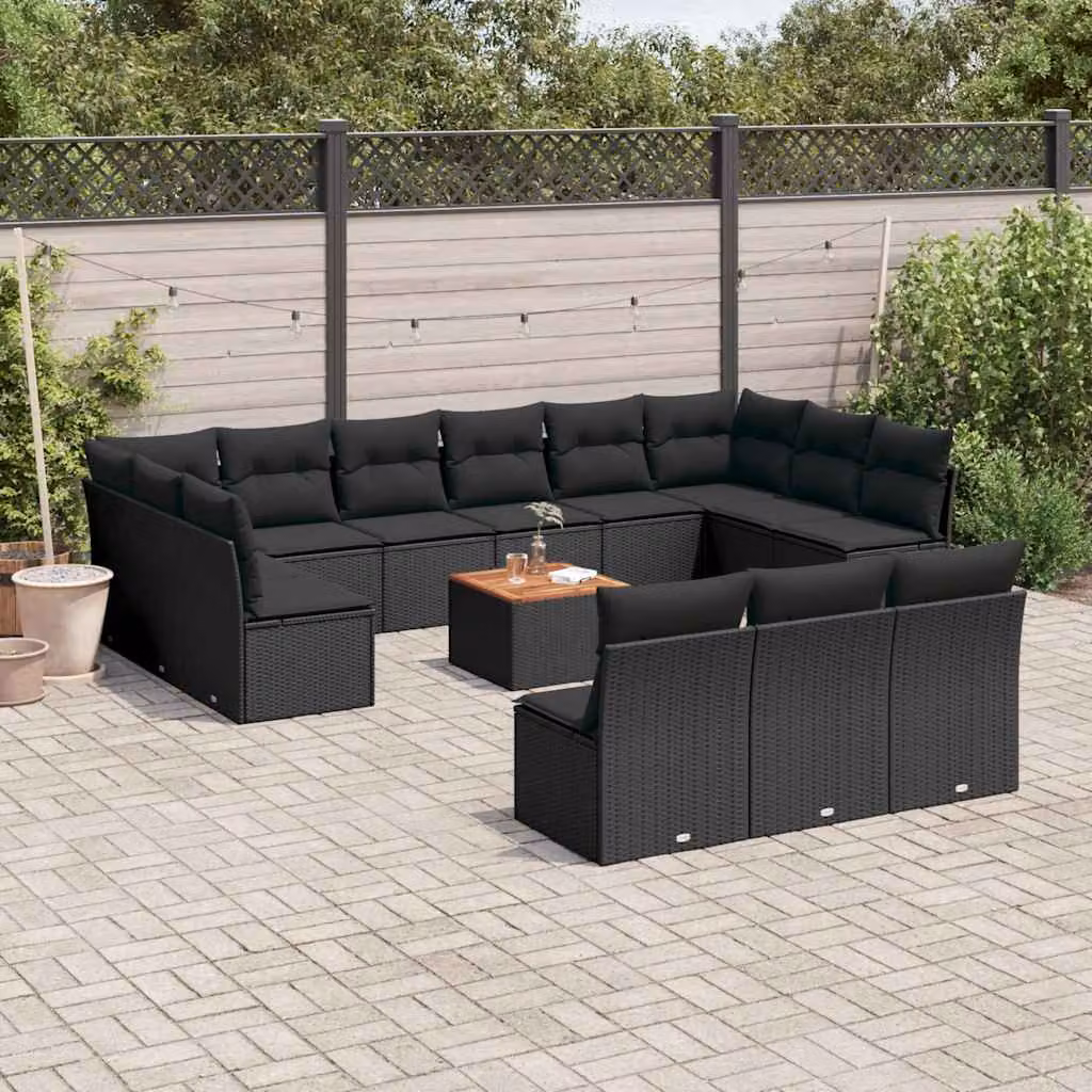 Set di Divani da Giardino a L vidaXL con Tavolino, Cuscini e Struttura in Polyrattan e Legno di Acacia, Colore Nero e Marrone – 1