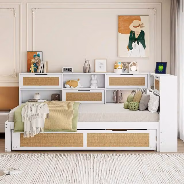 Letto divano singolo OKWISH bianco con letto estraibile, vani contenitore e prese di ricarica USB, L/P/H: 90 x 200 x 73 cm