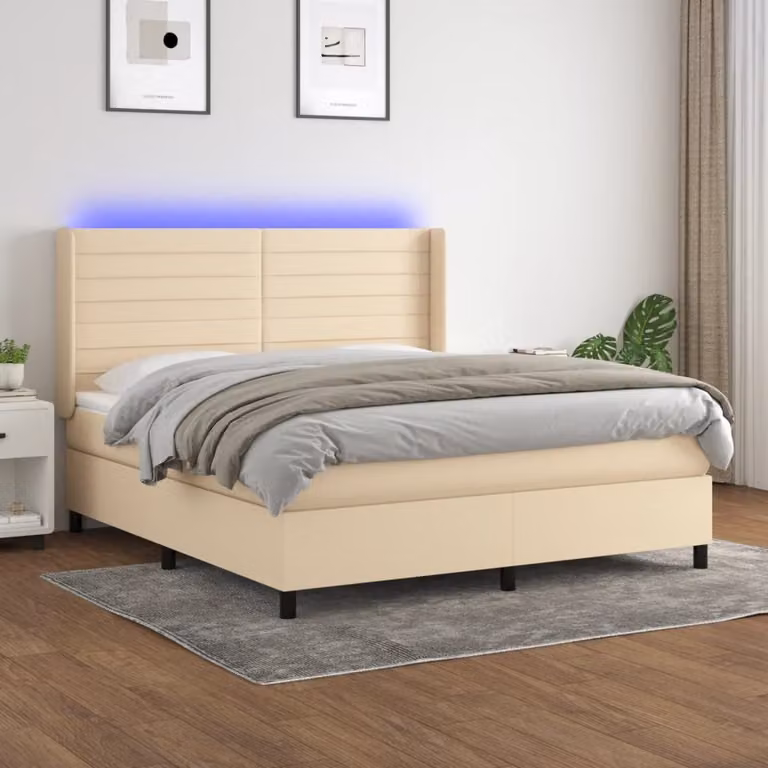 Letto a Molle vidaXL con Illuminazione LED e Porte USB in Tessuto Beige, L/P: 180 x 200 cm