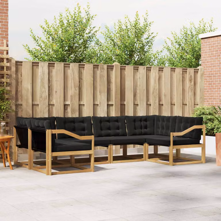 Set di divani da esterno vidaXL a forma di U composto da 6 pezzi in legno di acacia e tessuto textilene, con cuscini inclusi, colori bianco, nero e marrone
