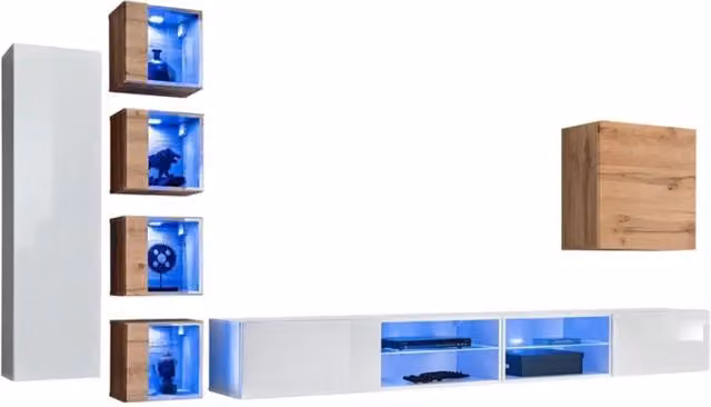 Set di mobili da salotto Meublorama design moderno con lowboard, colonna alta e vetrina, colore bianco e rovere con ante in vetro e illuminazione integrata – 1