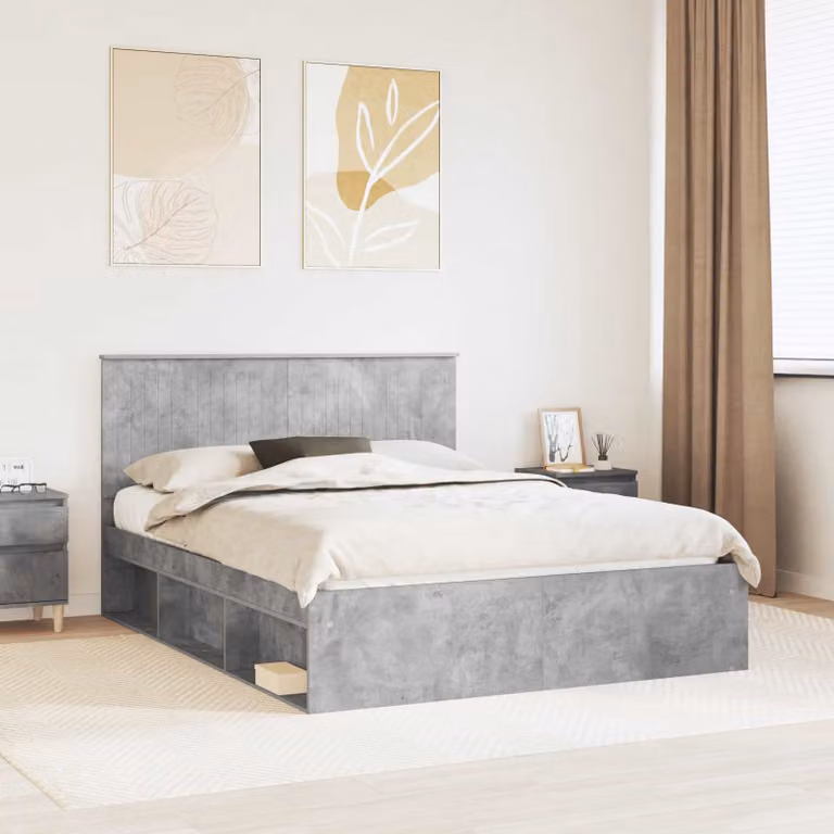Struttura del letto moderna vidaXL in pino massello e MDF, colore Grigio Cemento, L/P/H: 150 x 200 x 100 cm