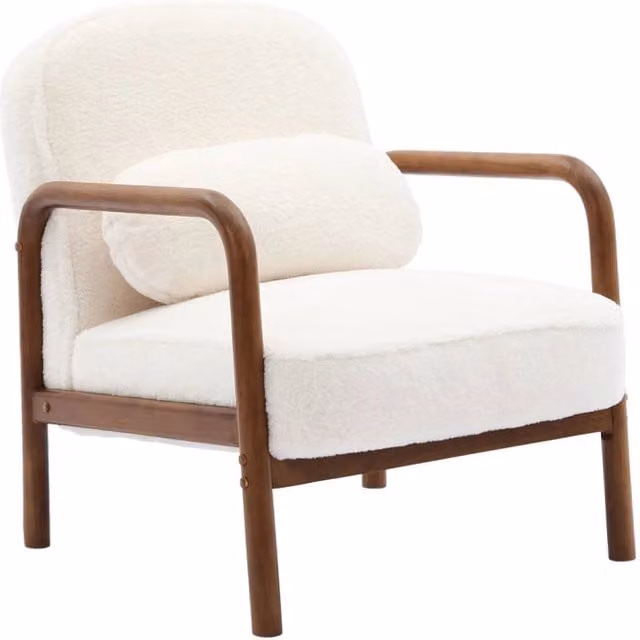 Poltrona lounge scandinava Sweeek in legno e tessuto marrone e bianco con braccioli – 1