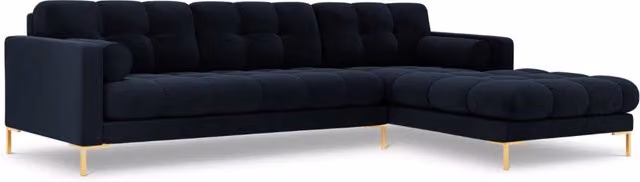 Divano angolare destro Bali di Cosmopolitan Design in velluto blu scuro con dettagli oro, 5 posti, L/P/H: 293 x 185 x 75 cm