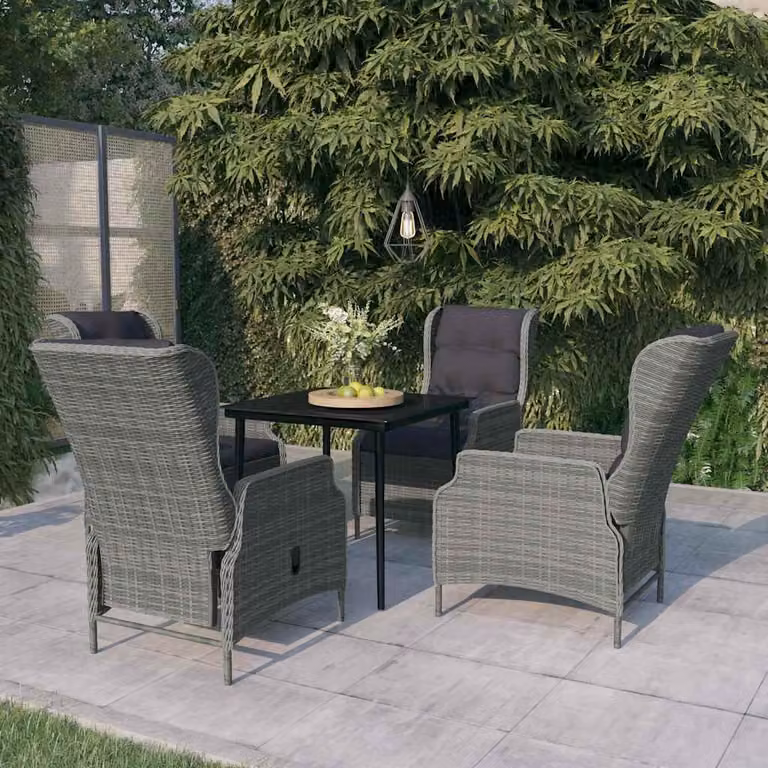 Set da pranzo da giardino vidaXL in 5 pezzi con tavolo in vetro e sedie in rattan, colore grigio e nero