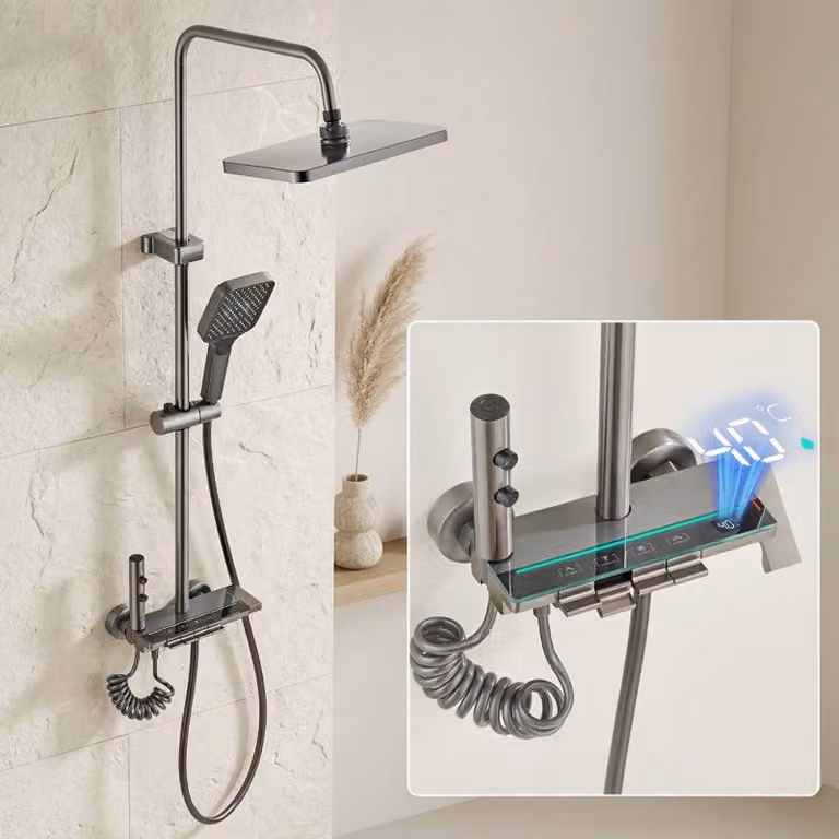 Colonna doccia con display a LED, 4 modalità, altezza regolabile da 70 a 103 cm, colore grigio titanio
