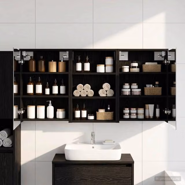 Set di 3 armadi da bagno vidaXL neri con specchio e illuminazione LED, L/P/H: 126 x 16 x 62.5 cm