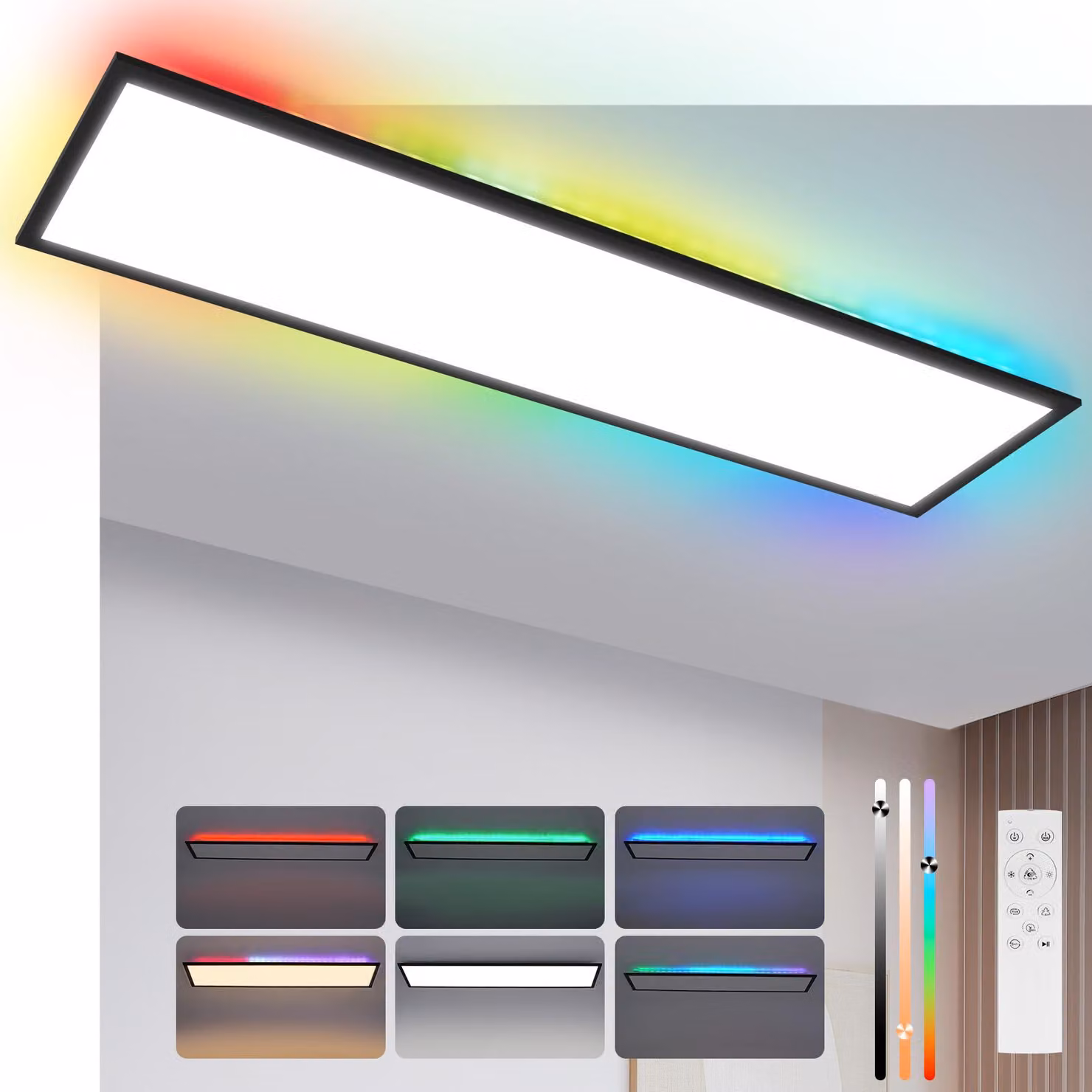 ZMH Pannello LED 100x25 Dimmerabile - Pannello da soffitto RGB Retroilluminazione Cambiamento di Colore Ufficio Lunga Plafoniera Piatta con Telecomando Grande Lampada da Ufficio 24W Nero Lampada da soffitto rettangolare per Sala Giochi Soggiorno