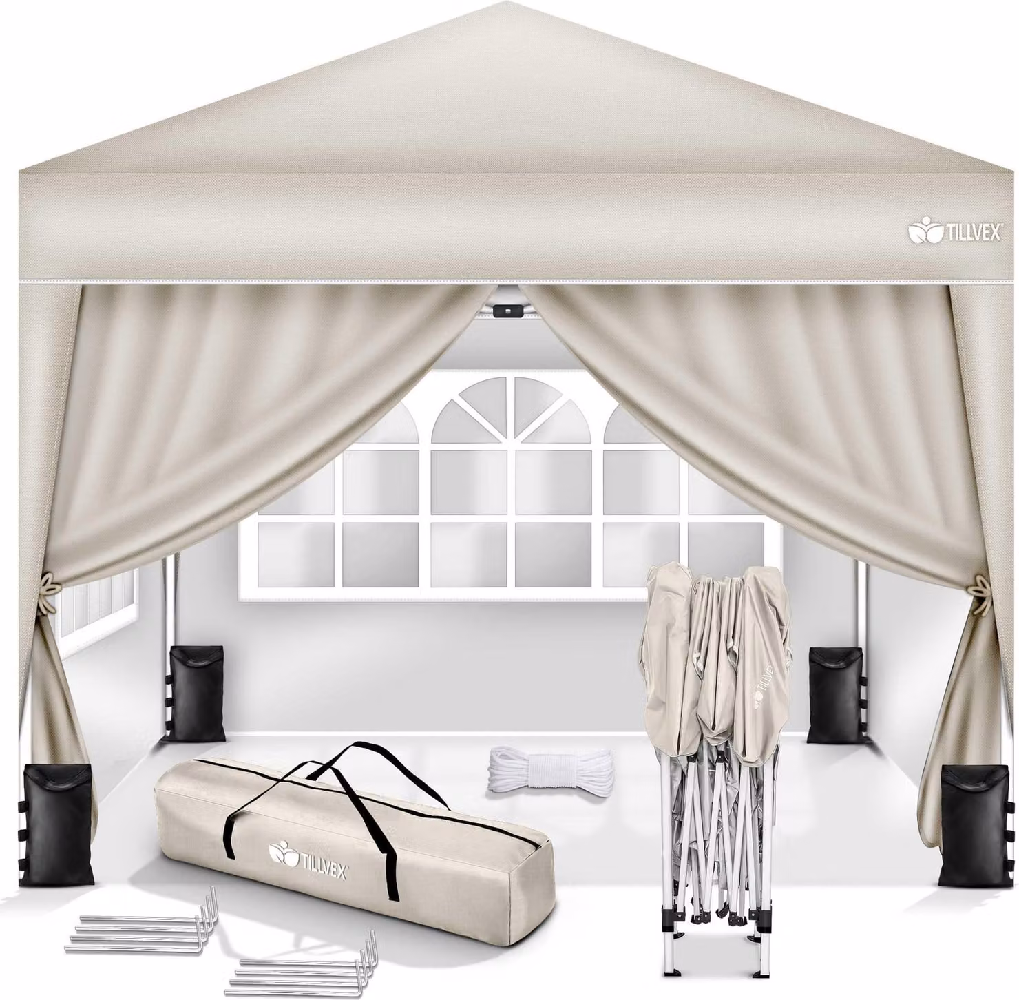 gazebo tillvex 3x3m beige - con 4 pannelli laterali impermeabili | gazebo pop-up pieghevole regolabile in altezza | tenda da giardino protezione UV 50+ | tenda da festa con borsa per giardino