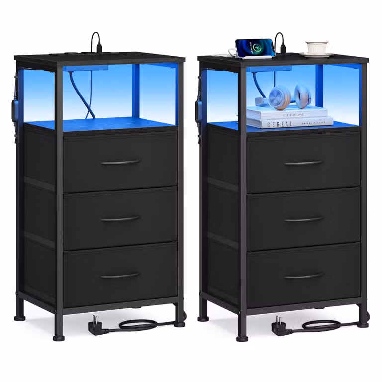 Comodini in acciaio e legno con ricarica LED e cassetti, 39,6 x 30 x 75,9 cm