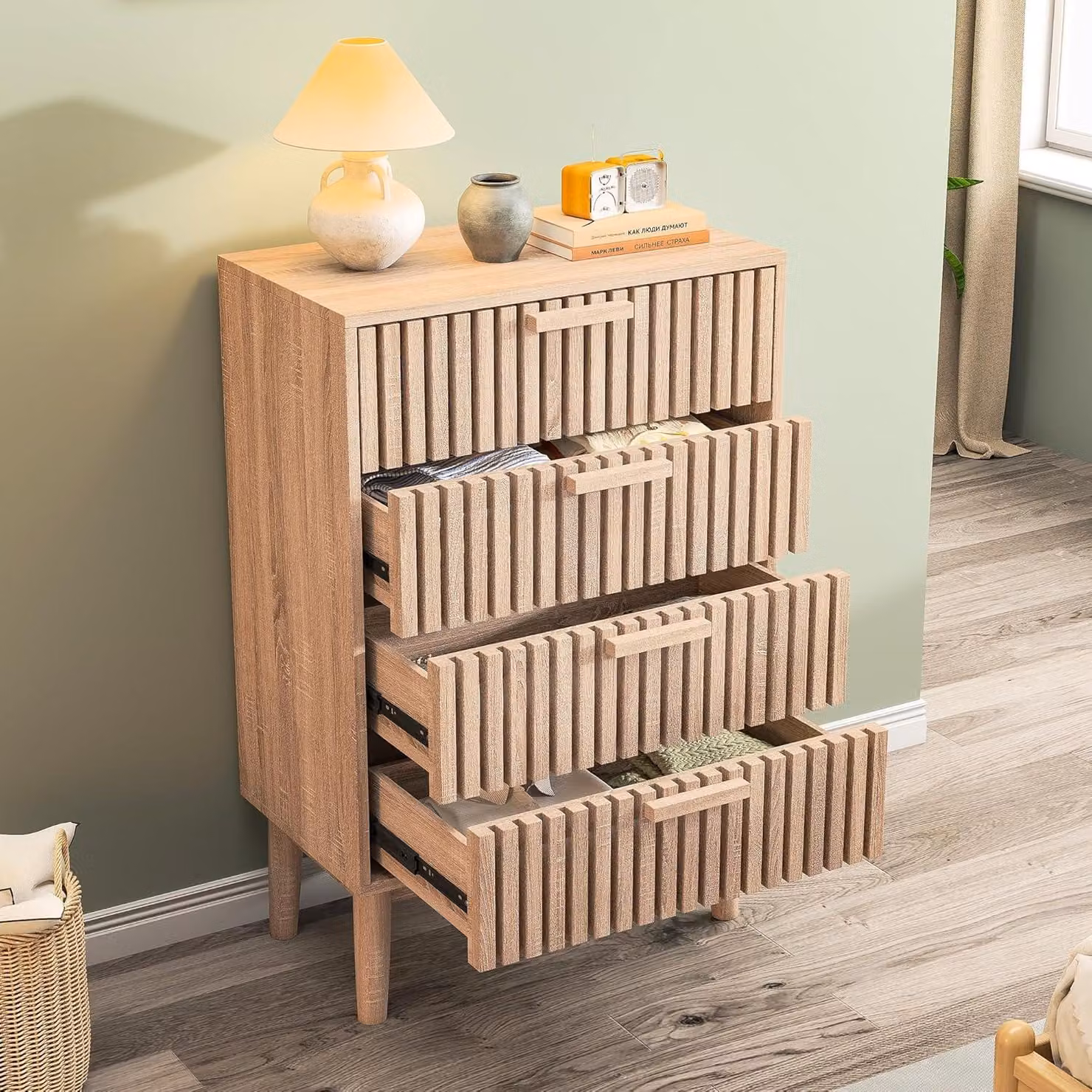 Comò - Cassettiera - Comodino - Mobile contenitore - Armadietto - 4 cassetti - Legno - 60x34x91 cm - Design sicuro