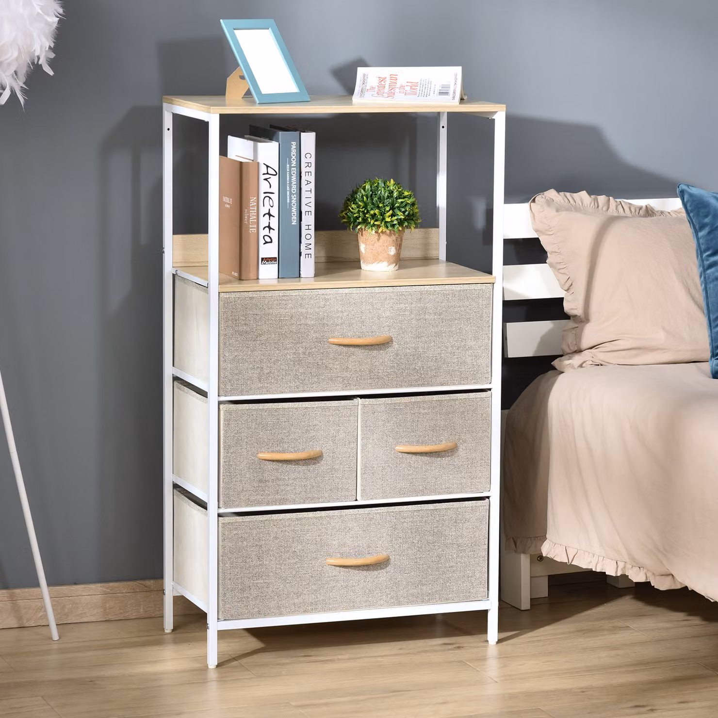Cassettiera HOMCOM per abbigliamento con 4 cassetti estraibili e 1 ripiano, Grigio Bianco, L: 58 cm, P: 29 cm, H: 103 cm – 2