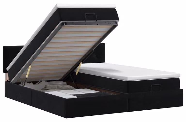 Divano letto ottomano con materasso e poggiatesta, 2 pezzi, colore nero, rivestito in velluto