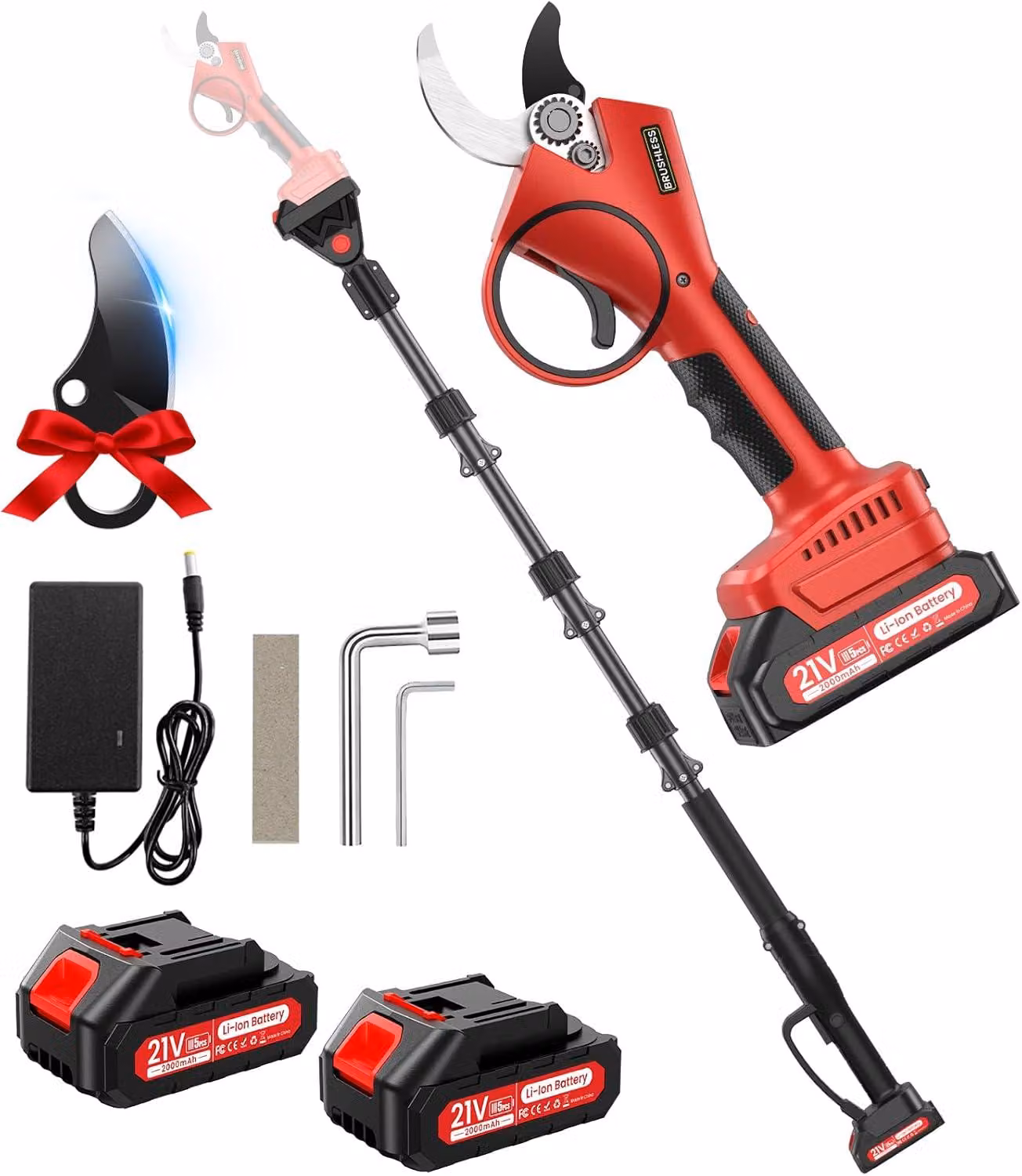 Potatore elettrico con asta da 2 metri, diametro 40 mm, 2-in-1. Potatore a batteria, 21 V, 2 batterie da 2000 mAh. Autonomia di 6-10 ore, motore brushless da 800 W. Potatore portatile