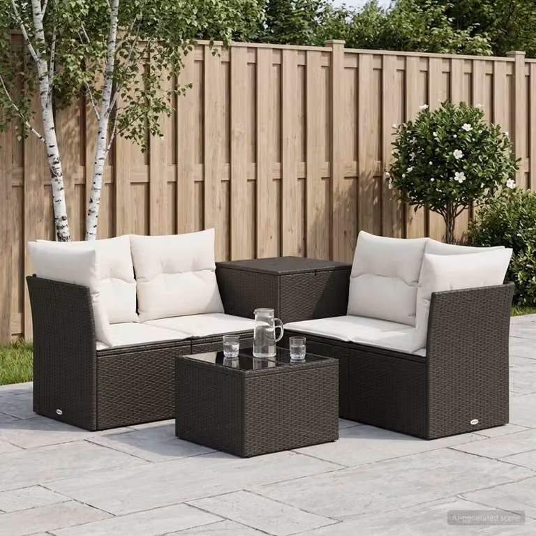 Set di divani da giardino vidaXL in polyrattan nero e bianco con cuscini e tavolino da esterno a forma di U