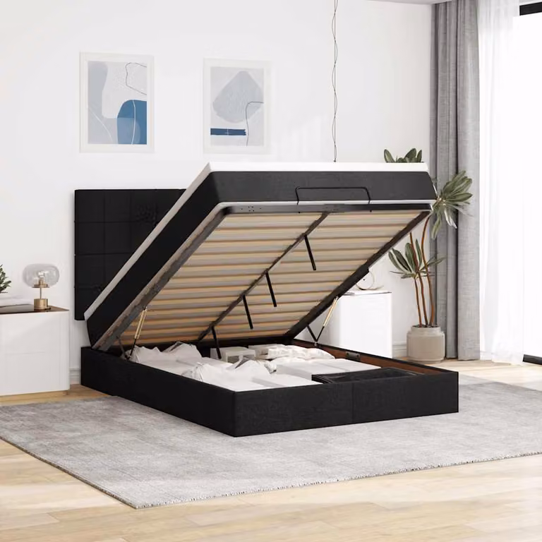 Letto con contenitore a sollevamento vidaXL in tessuto nero con materasso e porta USB, L/P/H: 144 x 193 x 128 cm