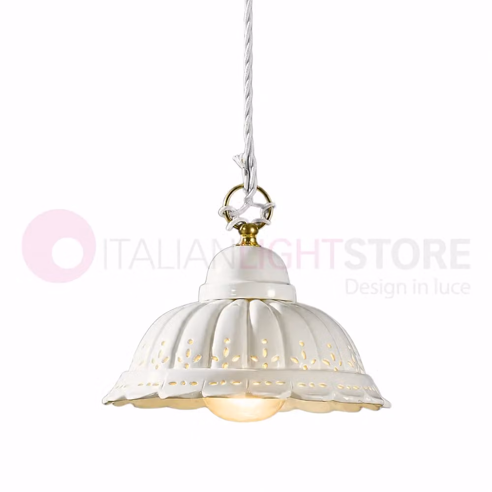 Lampada a sospensione POMARANCE in ceramica bianca e ottone con design traforato e diametro: 22 cm – 2