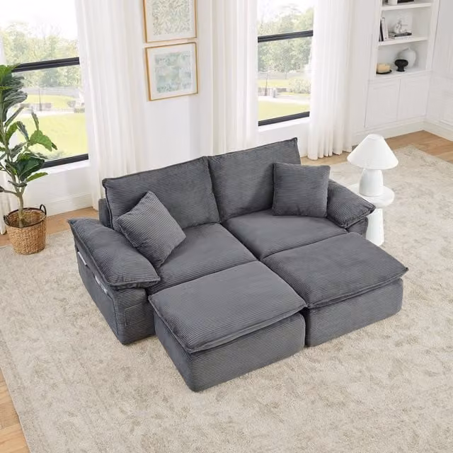 Divano modulare MIVRAY a 2 posti in tessuto grigio con pouf coordinato per il tuo soggiorno – 1