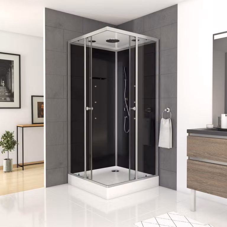 Cabina doccia completa MARWELL Cabina doccia completa Black Square 90 x 90 x 215 cm - Doccia ad angolo con accesso angolare - Cabina doccia con profili in alluminio di alta qualità - Altezza di accesso 15 cm