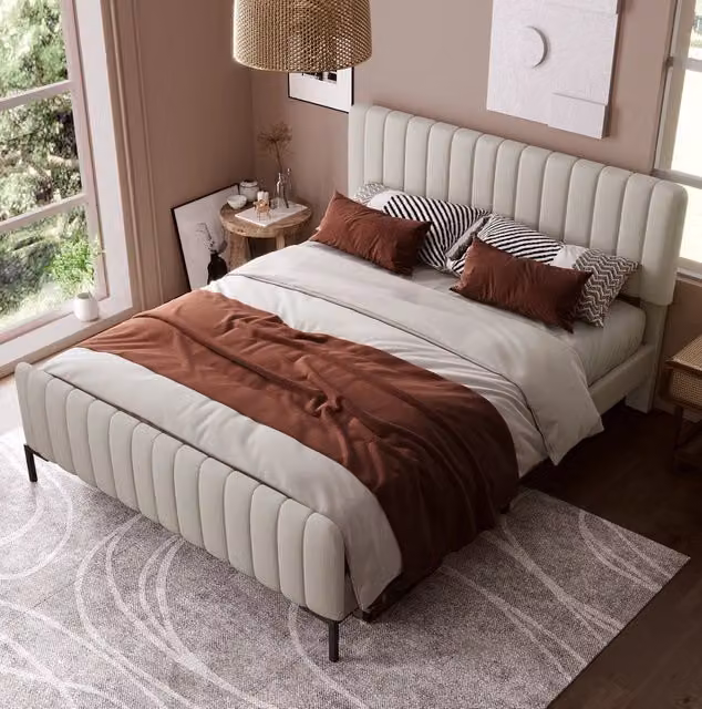 Letto imbottito 140x200 cm con rete a doghe e testiera regolabile; lino grigio-beige
