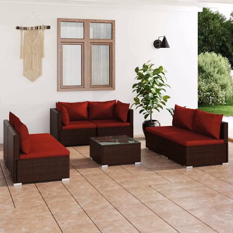 vidaXL Set Divani da Giardino 7 pz in Polyrattan Marrone con Cuscini Imbottiti e Tavolino