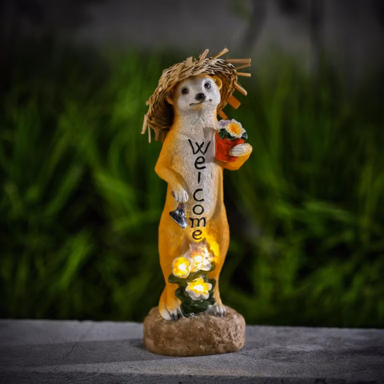 Figura di animale a energia solare – "Benvenuti" (suricato) – LED bianco caldo – 30 cm, confezione singola [11423]