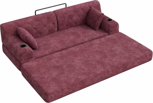 Divano letto 3 posti 208x80 cm in velluto a coste con portabevande; rosso vino