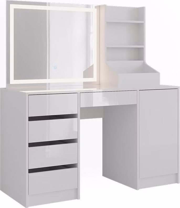 Tavolo da toeletta Vicco Sherry Bianco/Bianco lucido 128.2 cm con specchio a LED, Model 57647