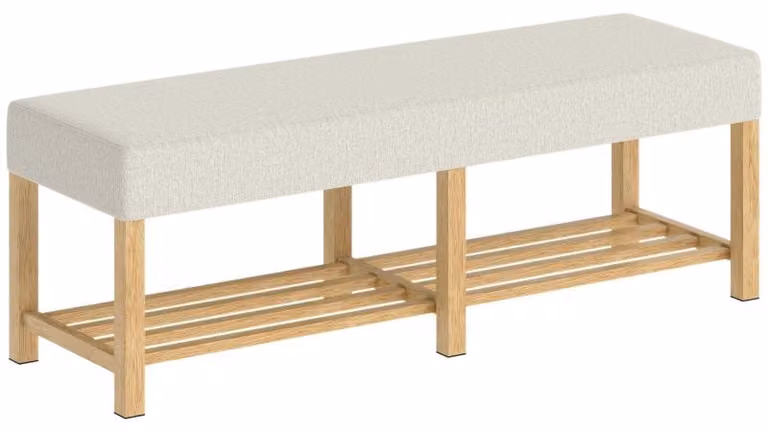 Mobiletto porta scarpe Moonbite, 140 cm, in legno di gomma, moderno pensile per l'ingresso con seduta imbottita di 6 cm per due persone, vano aperto di 130 × 34 cm, color crema