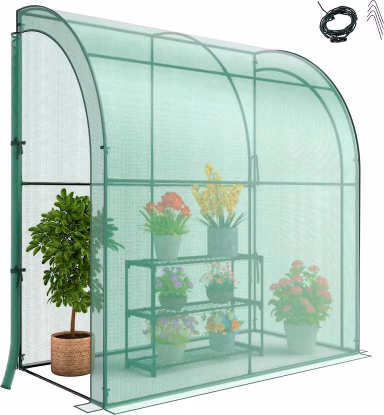 GOPLUS serra 200x100x215cm inclinabile, serra a muro con ripiano per fiori a 3 livelli e copertura in rete PE con 2 porte a zip