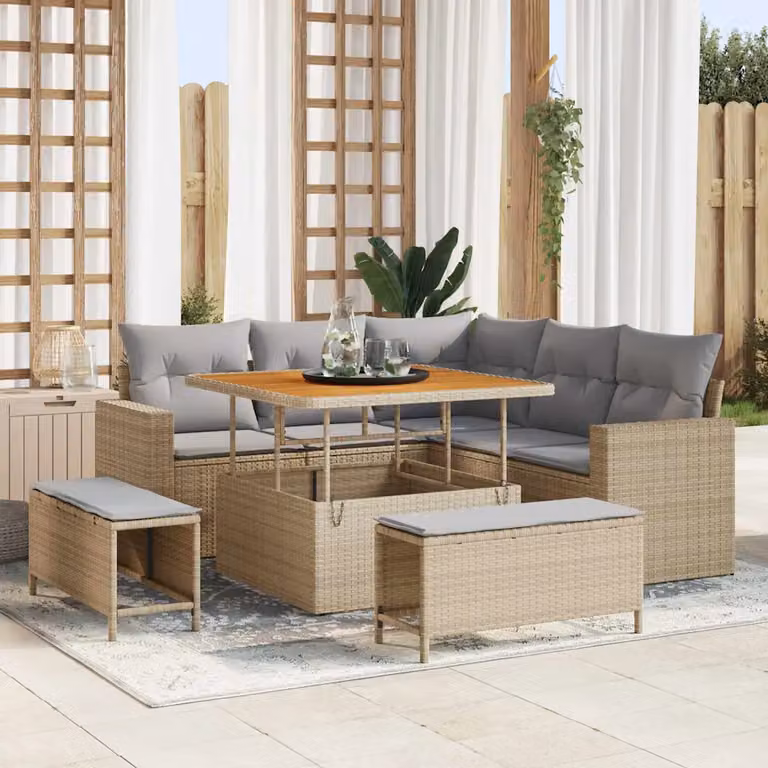 Set Divano da Giardino vidaXL a Forma di L con 9 Pezzi, Colore Beige e Grigio, Struttura in Metallo e Polyrattan con Cuscini Inclusi