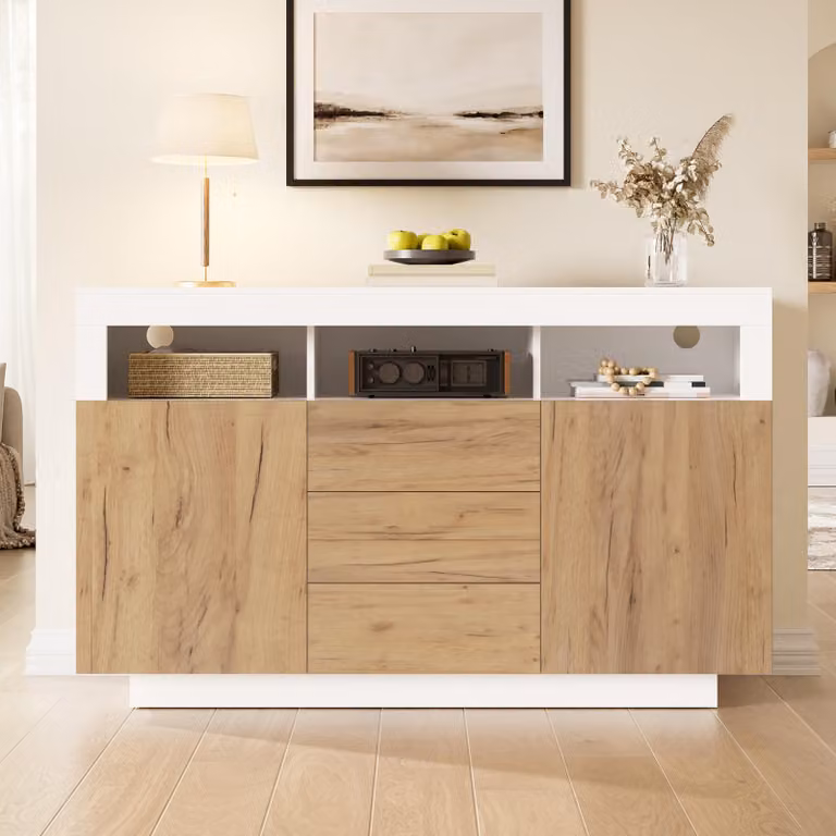 Comodà Merax con 3 cassetti e 2 ante, mobile da salotto con ripiani aperti, mobile da cucina, mobile da ingresso da 140 cm, bianco+naturale