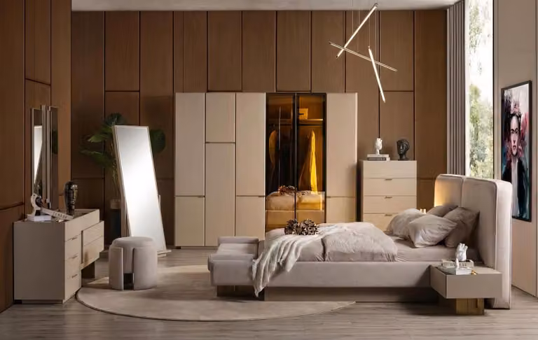 Set per camera da letto: letto, armadio, comodino, specchio, panchetta, poggiapiedi. Stile moderno, colore beige
