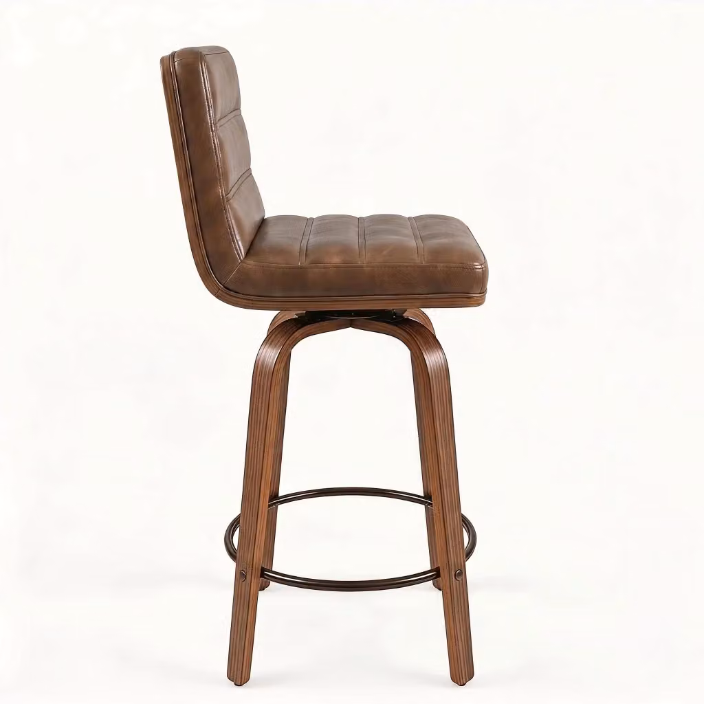 Sgabello da bar girevole OKWISH con schienale ergonomico in ecopelle marrone e struttura in legno di faggio e metallo – 2