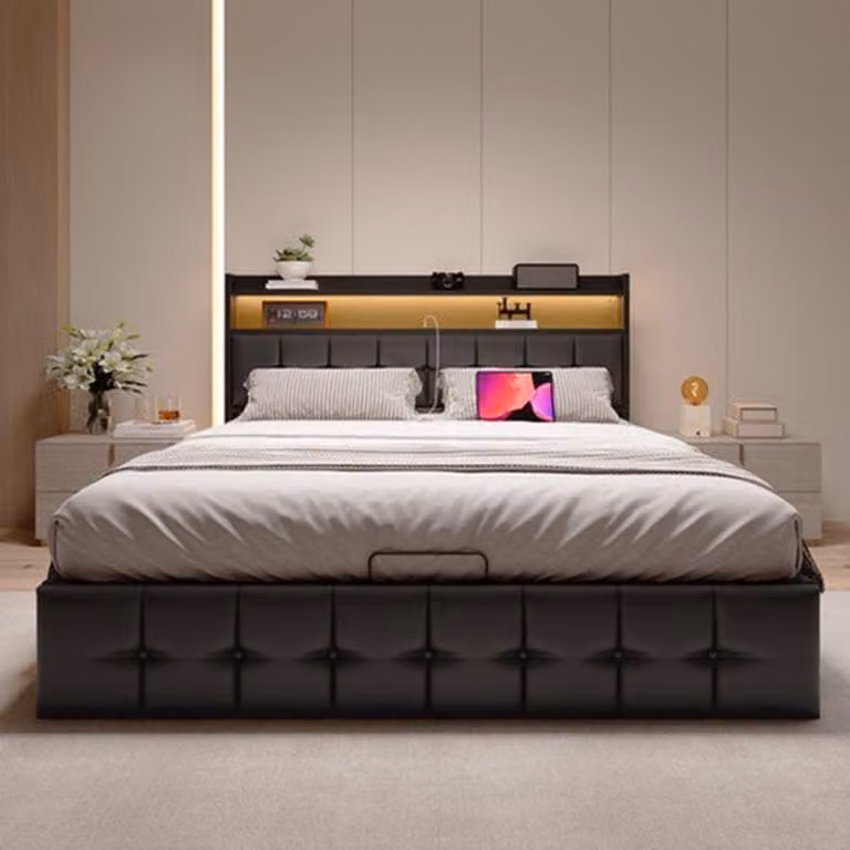Letto matrimoniale - 160x200 cm - Imbottitura morbida - Con illuminazione LED e spazio contenitivo - Colore nero