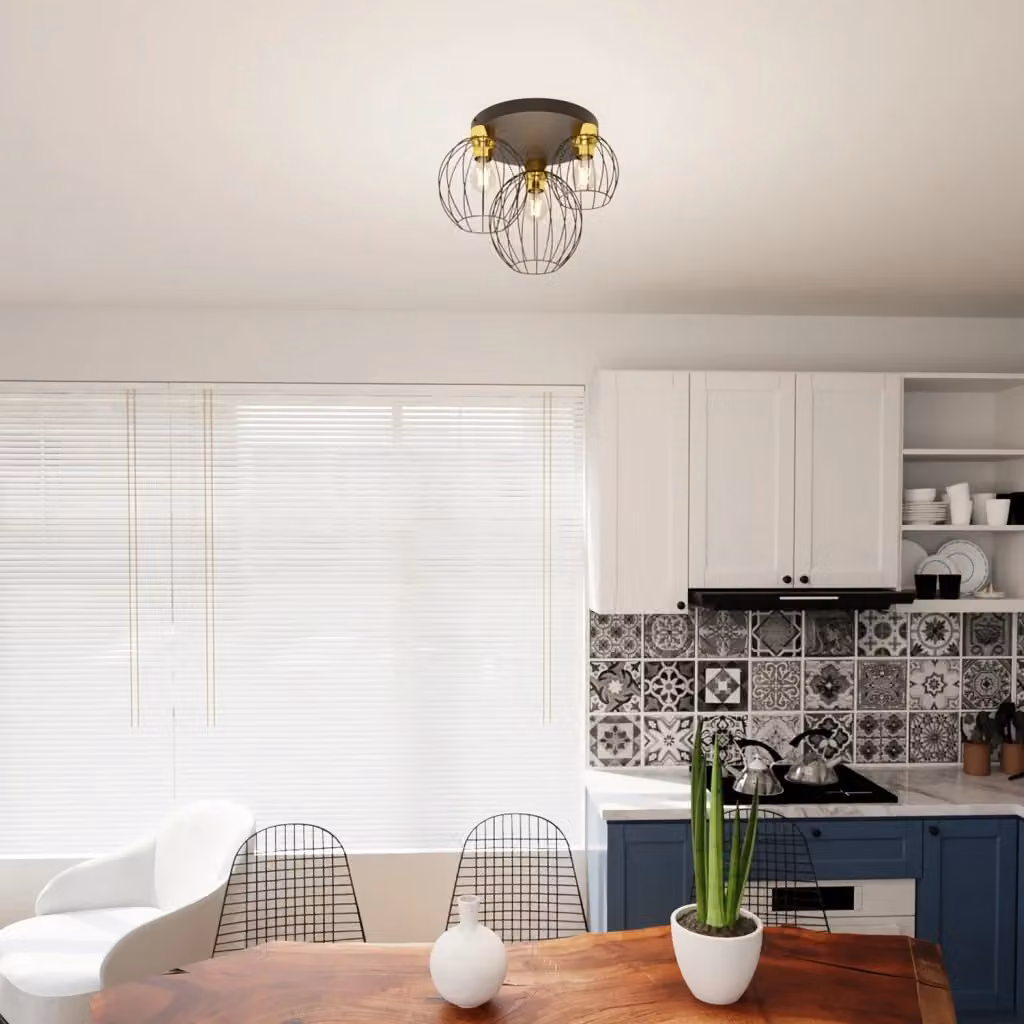 Plafoniera Orion Luceart-Classic in stile Industrial con 3 Luci, Design Tondo, Colore Nero e Oro – 2