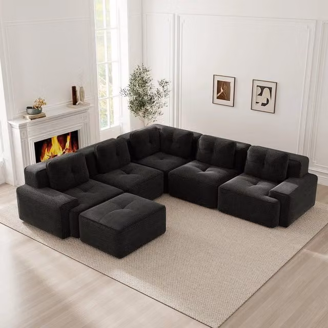 Divano Minimal con Poggiapiedi Nero in Corda con Funzione Letto e Forma a L