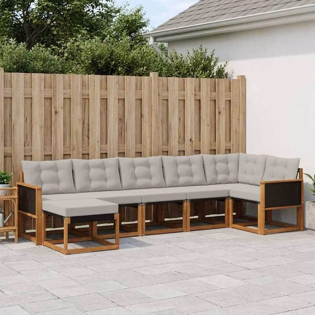 vidaXL Set di divani da esterno a L composto da 7 pezzi in legno di acacia con cuscini, colore marrone e grigio chiaro