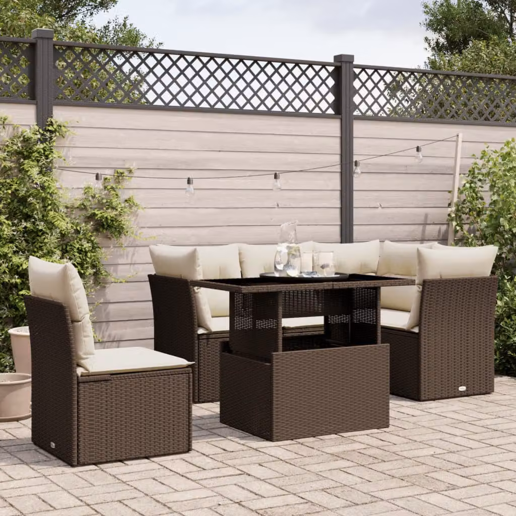 Set Divano da Giardino vidaXL 6 Pezzi a Forma di L con Cuscini Marrone e Bianco in Polyrattan e Metallo – 1